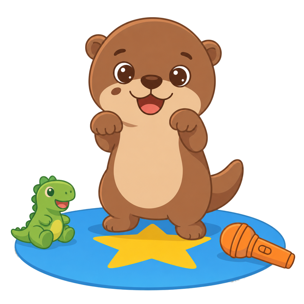 Yayson the otter singing on a star rug beside a toy dinosaur and a microphone